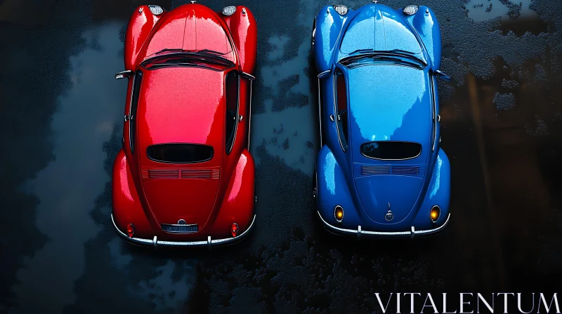 Top View of Classic Red and Blue Cars AI Image