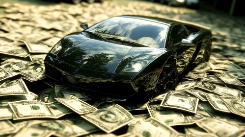 Opulent Black Sports Car Amidst Dollar Bills