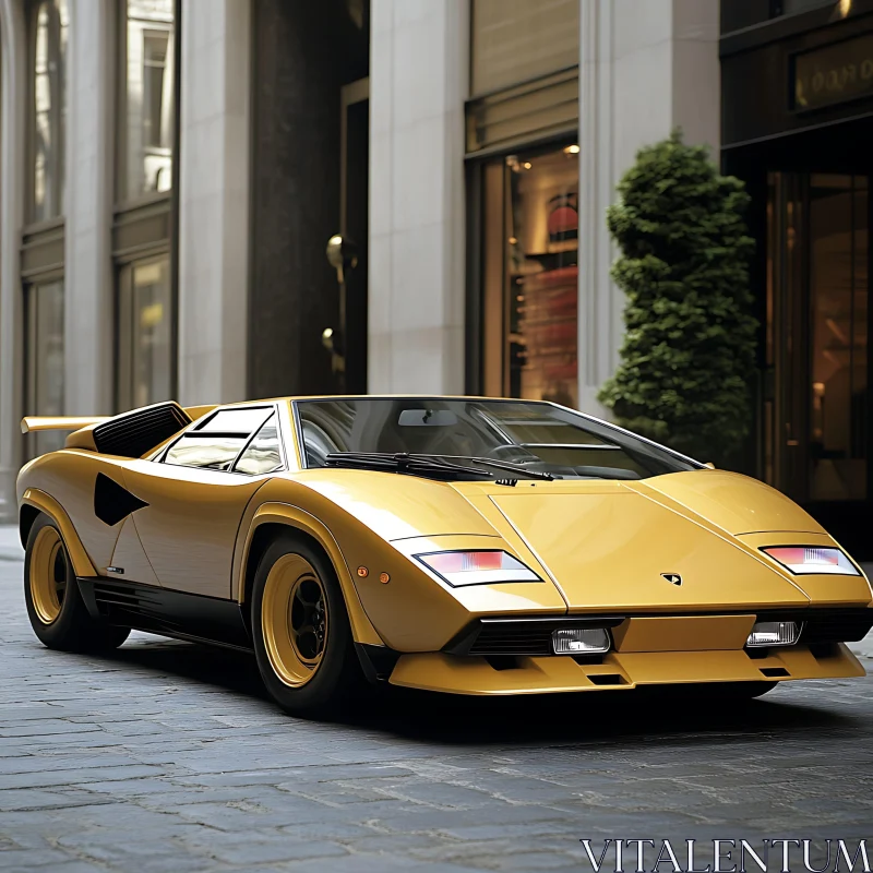 Yellow Classic Car on Cobblestone Street AI Image