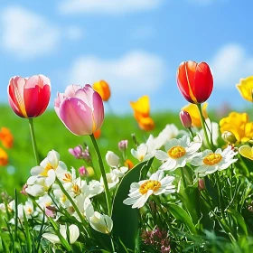 Spring Tulips and Daisies in Full Bloom