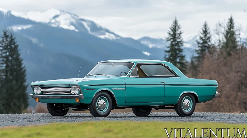 Vintage Turquoise Car in Scenic Mountain Landscape AI Image