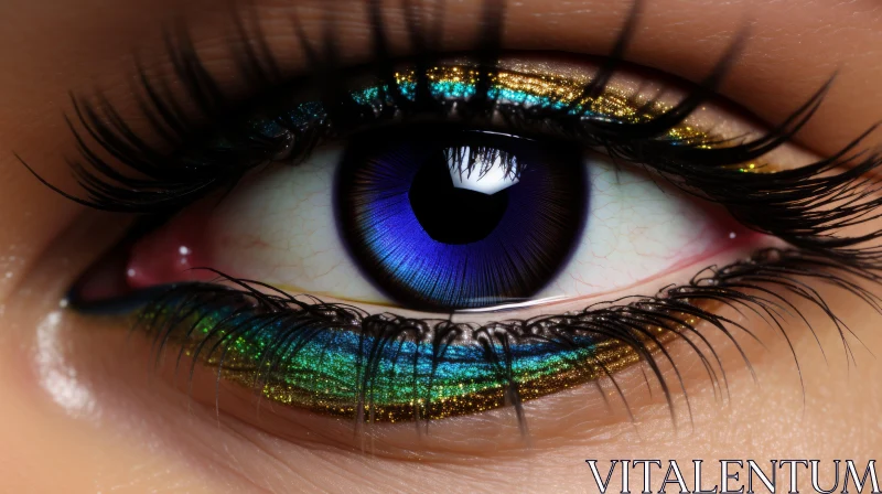 Close-up of Woman's Eye with Colorful Blue Eyes - Mesmerizing Indigo and Gold Makeup AI Image