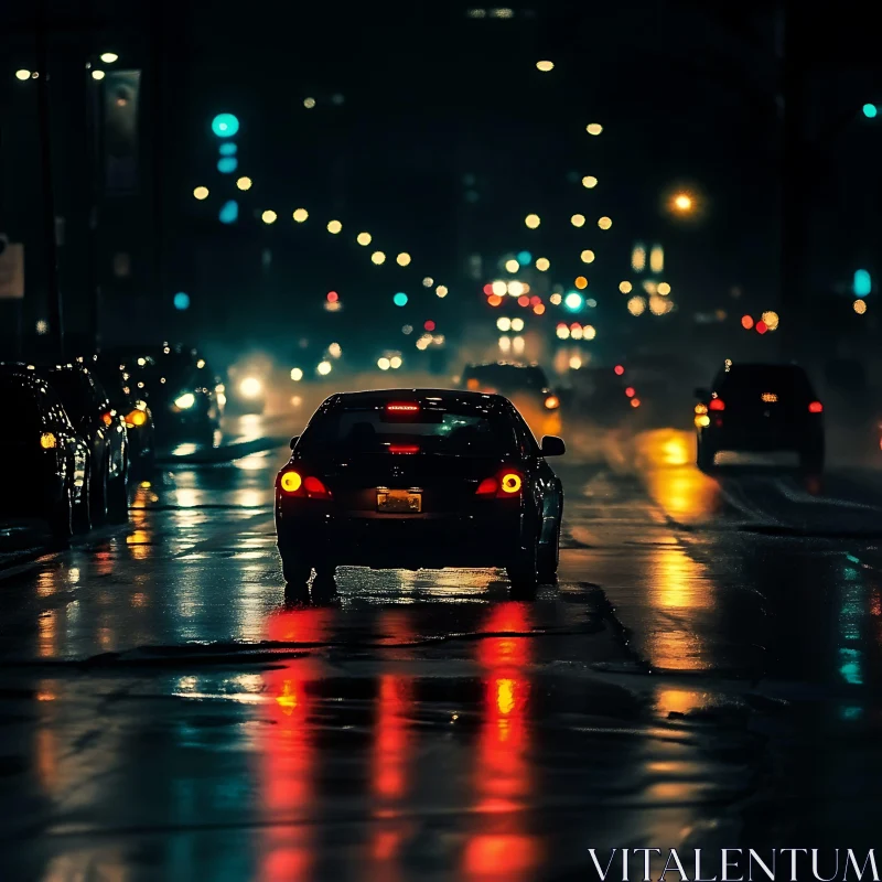 Urban Night Drive with Reflections and Lights AI Image