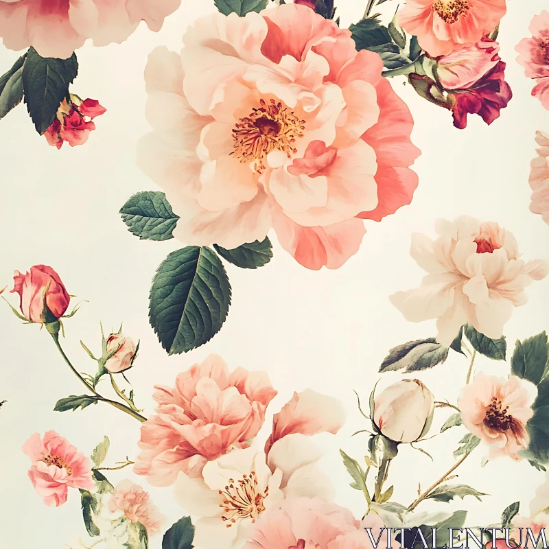 Botanical Illustration of Roses in Bloom AI Image