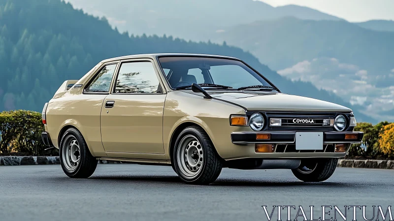 Classic Vintage Car with Mountain Backdrop AI Image