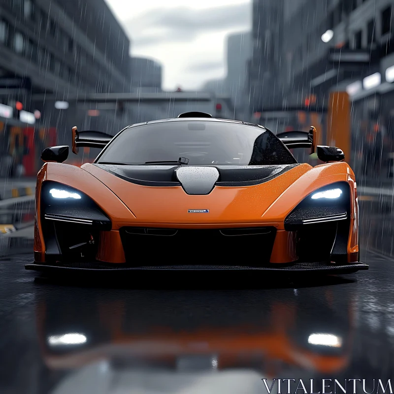 Sleek Orange Supercar on a Wet City Day AI Image