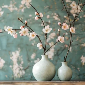 Cherry Blossom Floral Arrangement in Ceramic Vases