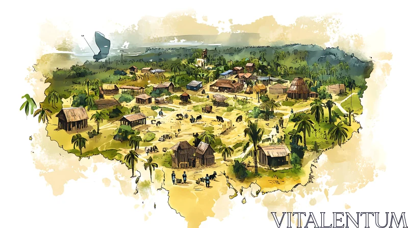 Traditional Village Landscape Illustration AI Image