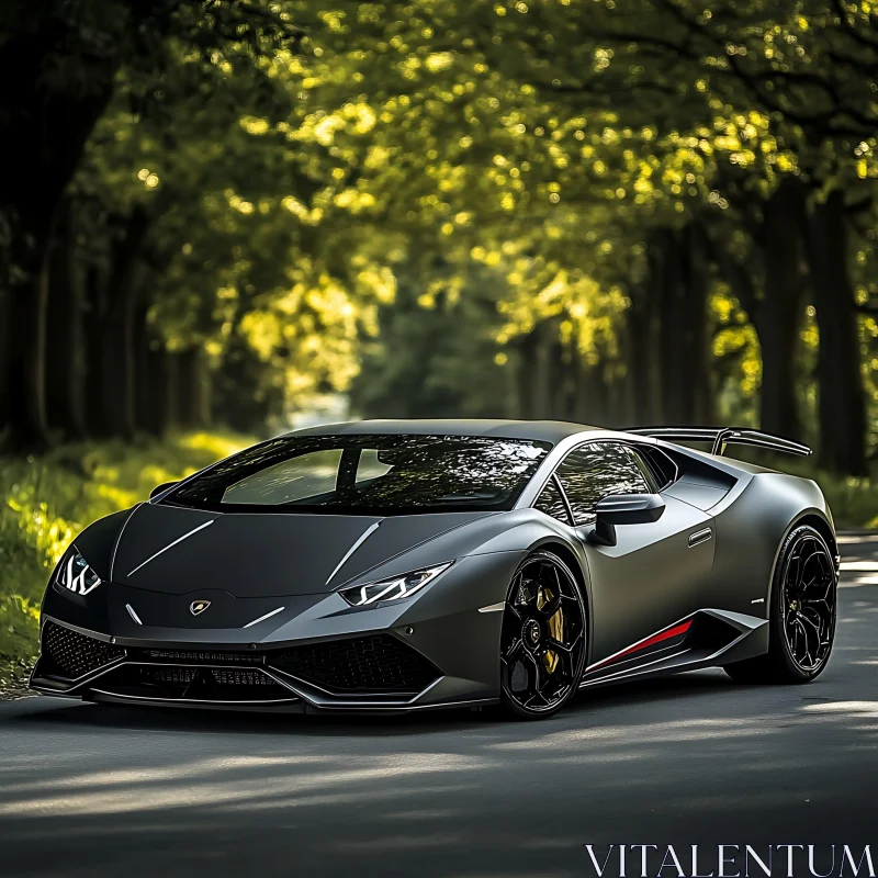 Exquisite Matte Black Supercar Amongst Lush Greenery AI Image