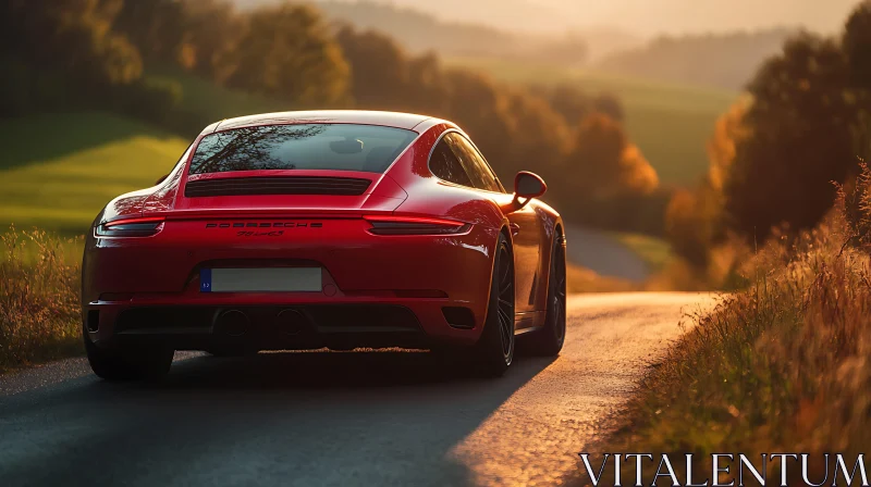 Elegant Red Porsche Driving at Sunset AI Image