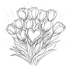 Tulip Bouquet Line Art with Central Heart