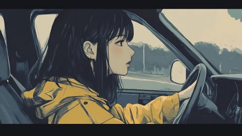 Young Woman Driving in a Yellow Jacket