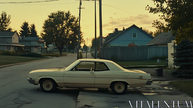 Vintage Car in Peaceful Neighborhood at Sunset AI Image