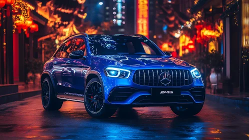 Urban Night City with Blue Luxury Car