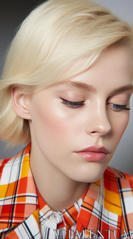 Blonde Woman with Eye Makeup in Delicate Minimalism: Luminous Hues and Soft Shadows AI Image