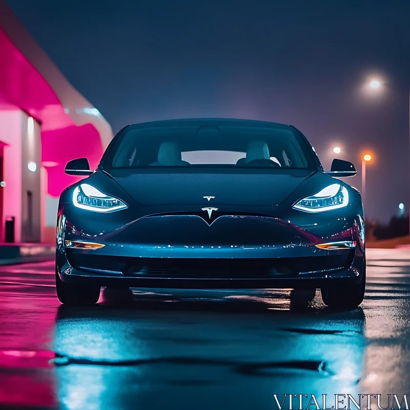 Tesla Electric Car in Urban Night Scene AI Image