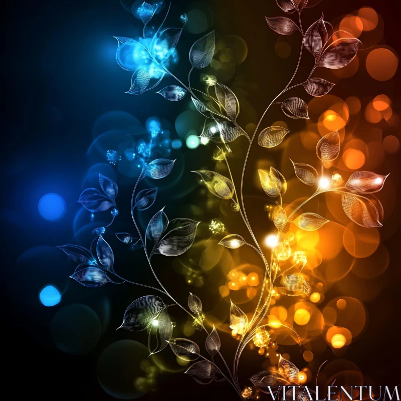 Abstract Art with Illuminated Leaves and Bokeh AI Image