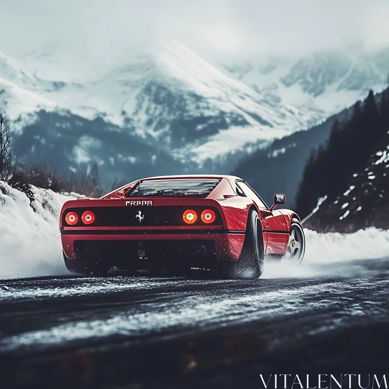 Sports Car on Snowy Mountain Road AI Image