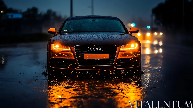 Car at Night in Rain with Headlights On AI Image