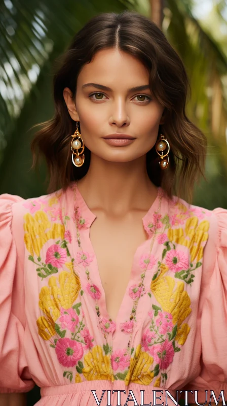 Fashion: Model in Pink Dress with Gold Earrings and Intricate Floral Motifs AI Image