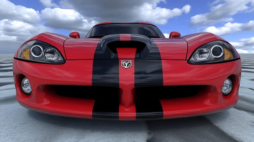 Striking Red Car with Black Stripes in an Overcast Setting