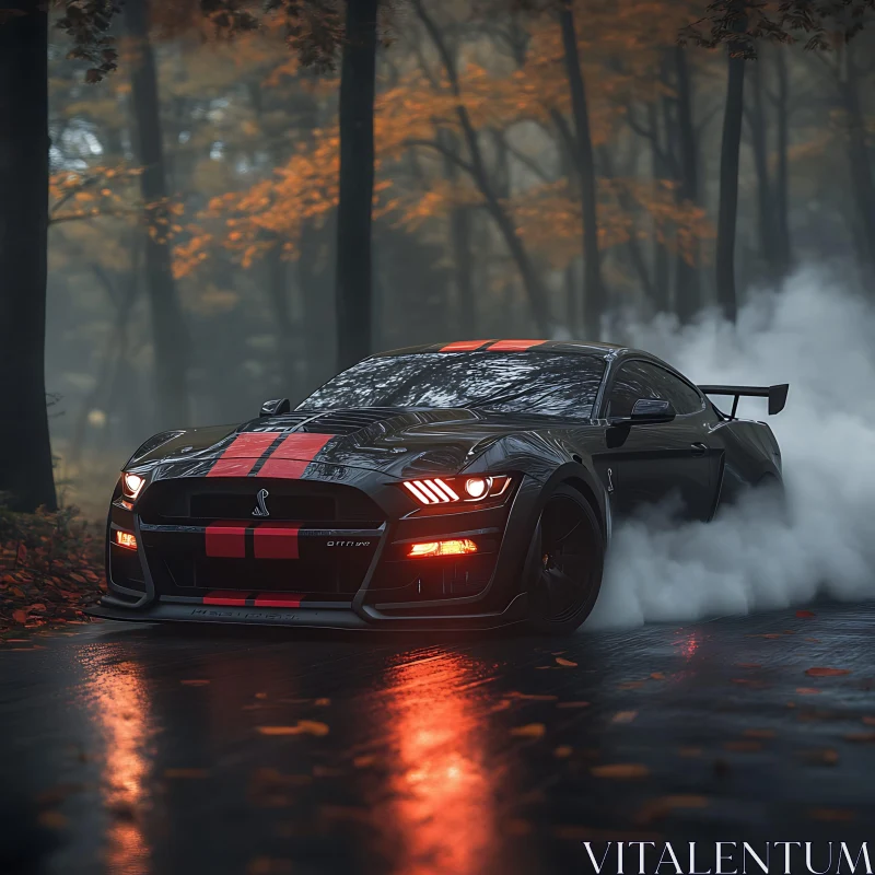 Black Sports Car in Foggy Forest AI Image