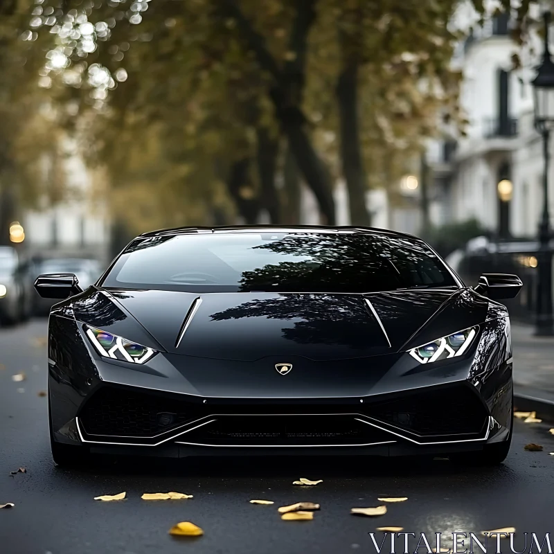 Elegant Black Supercar in Autumn Cityscape AI Image