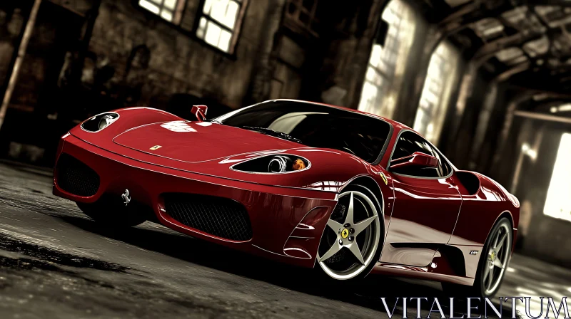 Luxurious Red Ferrari in Industrial Warehouse AI Image