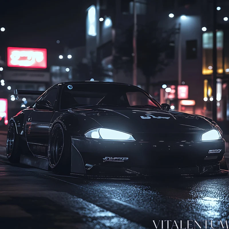 Sleek Black Sports Car in Neon Night City AI Image