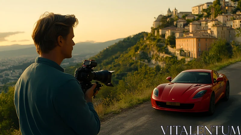 Scenic Sunset Photography of Red Sports Car and Hillside Village AI Image