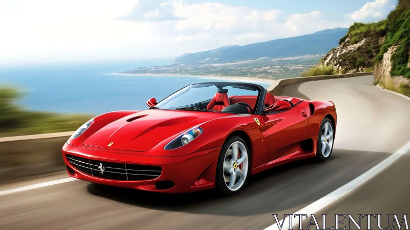 Luxury Red Convertible in Scenic Coastal Landscape AI Image