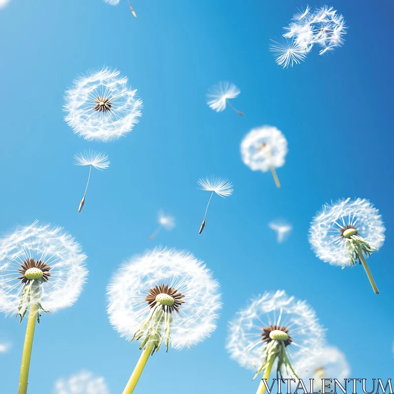 Dandelions and Airborne Seeds Against Blue Sky AI Image