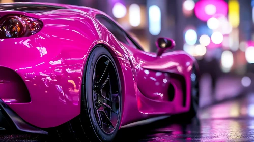 Neon Light Reflections on Pink Sportscar in Urban Nightscape