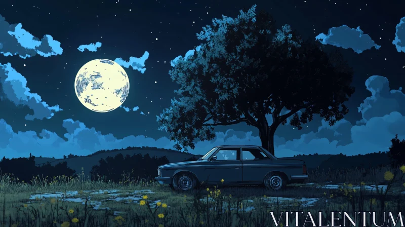 Tranquil Night: Car and Tree Beneath the Moon AI Image