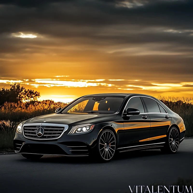 Elegant Black Car with Sunset Background AI Image