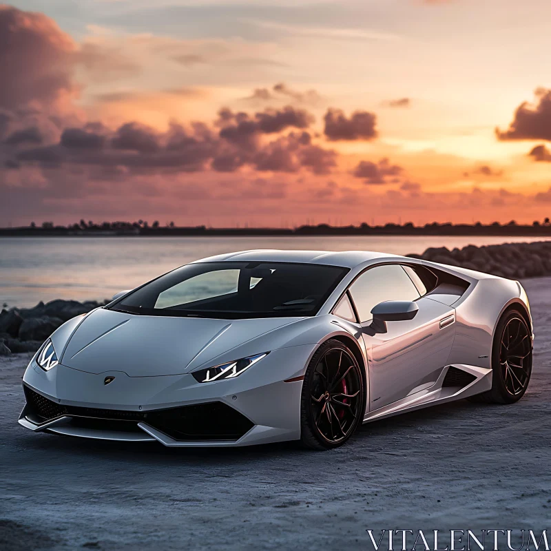 White Sports Car on a Serene Beach at Dusk AI Image