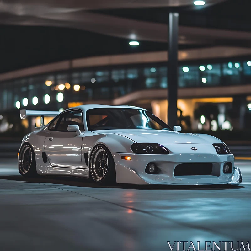 Sleek White Sports Car in City at Night AI Image