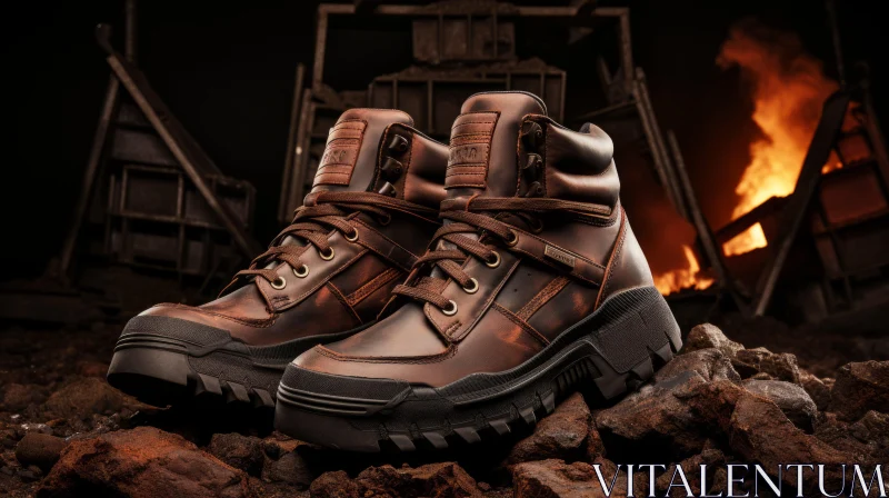 Post-Apocalyptic Imagery: Brown Boots Amidst Rocks AI Image
