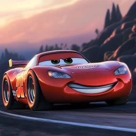 Cartoon Race Car in Scenic Sunset Drive