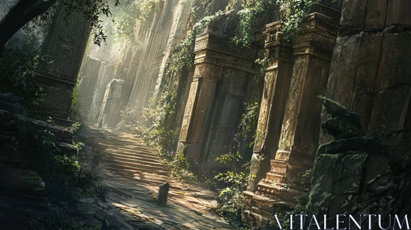 Ancient Stone Columns with Overgrown Foliage AI Image