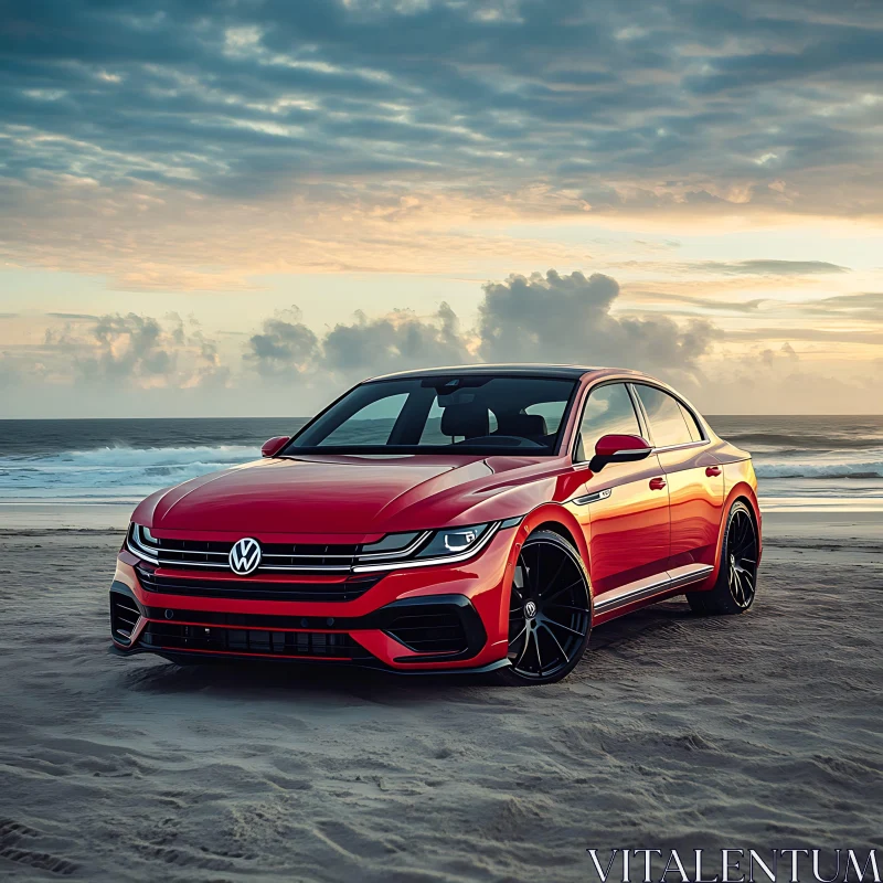 Volkswagen on Sandy Beach During Sunset AI Image