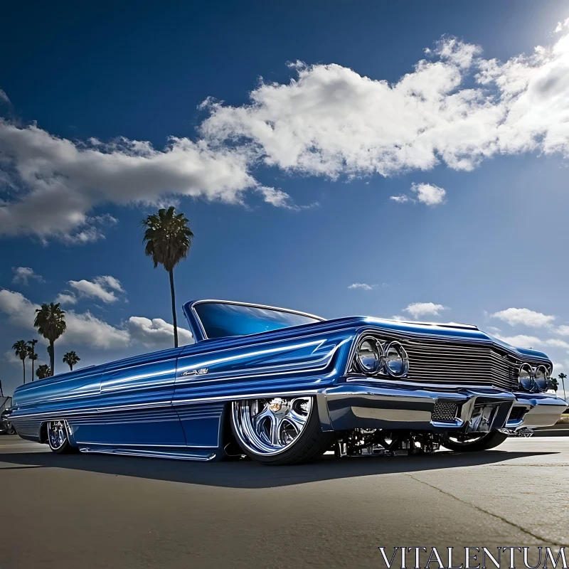 Vintage Blue Convertible in Sunny Palm Grove AI Image