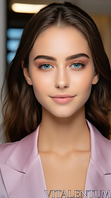 Captivating Blue Eyes in a Pink Suit Jacket - Timeless Beauty AI Image