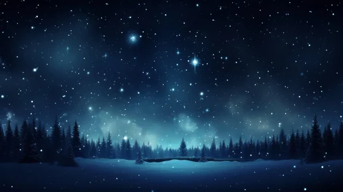Winter Night Sky - Frosty Landscape with Snowflakes and Starry Sky