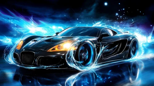 High-Speed Black Sports Car with Blue Glow