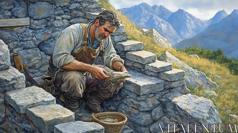 Stone Mason Crafting in Mountains AI Image