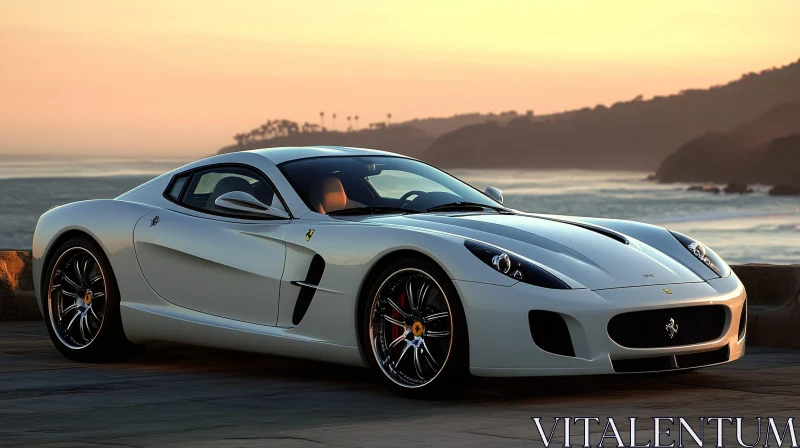 Elegant Sports Car with Ocean Sunset View AI Image