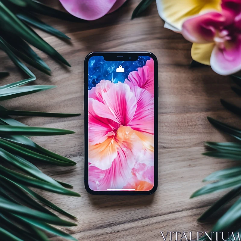 AI ART Floral-Themed Smartphone Display on Wooden Surface