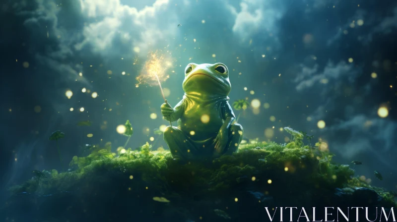 Fantasy Art: Frog with Sparkler Amidst Enchanting Forest AI Image