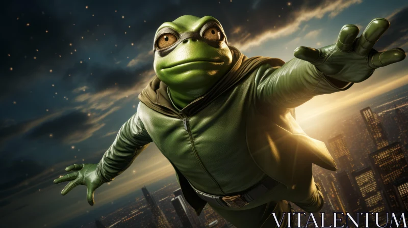 Frog Hero in Flight: A Cityscape Adventure AI Image
